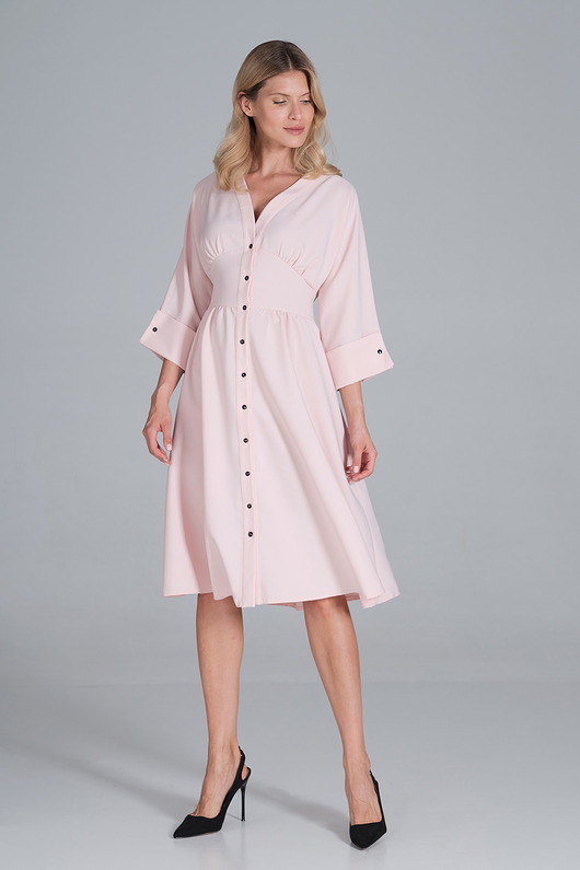 sukienki midi damskie Elegancka sukienka koszulowa z dekoltem w serek i rękawem 3/4 - M843