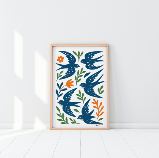 plakaty PLAKAT ptaki , jaskółki grafika, niebieska dekoracja ścienna, Matisse