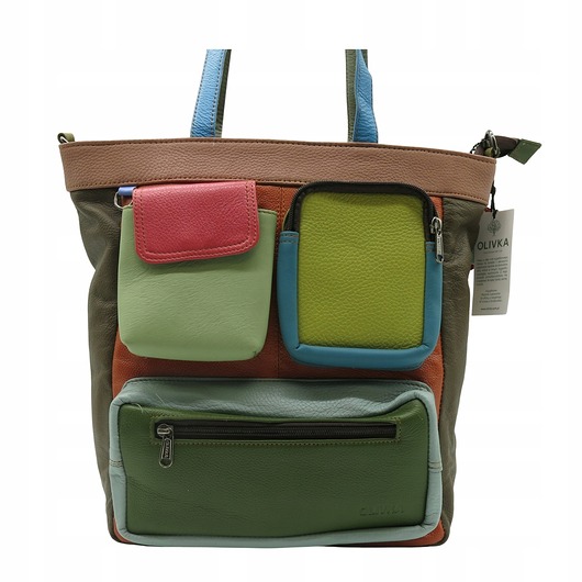 torby na ramię Torebka damska, duża, pojemna, kieszenie, mieści A4, skórzana, OLIVKA