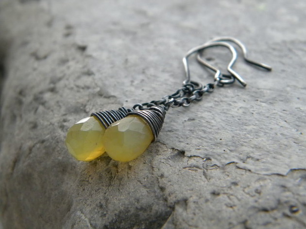 kolczyki wire wrapping Żółty chalcedon - sztyfty