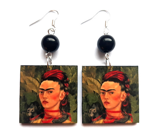 kolczyki drewniane Autoportret z małpką - Frida Kahlo