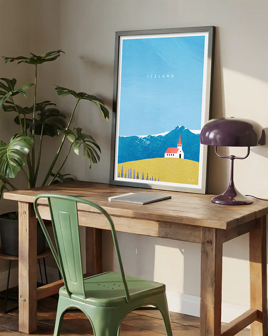 plakaty Islandia - plakat 50x70 cm - kościół Reyniskirkja z czerwonym dachem