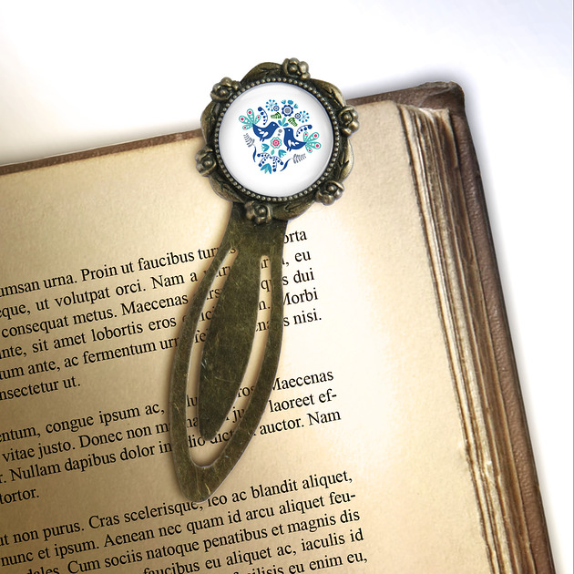 zakładki do książek Zakładka do książki - Ptaszki folkowe blue - klips, brąz