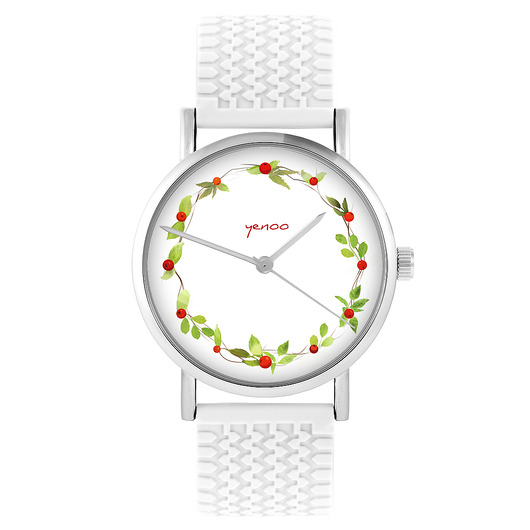 zegarki damskie Zegarek - Wianek, dzika róża - silikonowy, biały