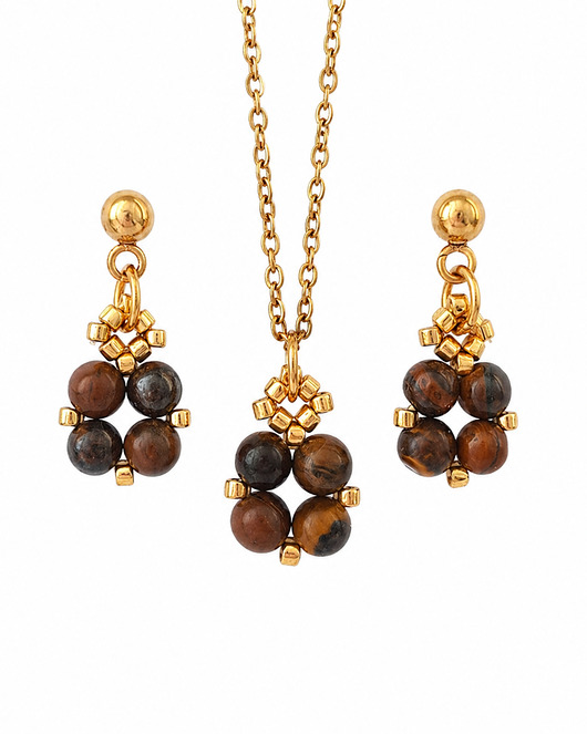 komplet biżuterii Komplet Biżuterii Tygrysie Oko - Kolczyki Sztyfty i Naszyjnik