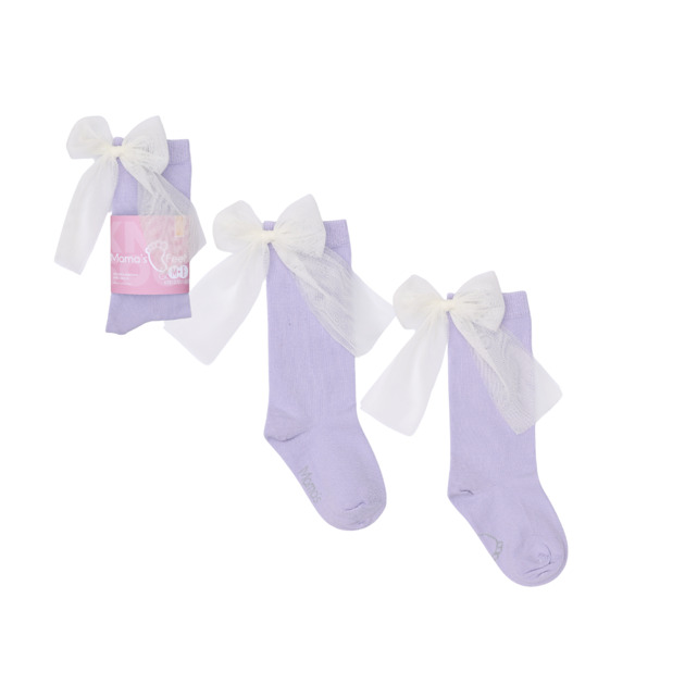 rajstopy i skarpetki dla dziewczynki Candy Bow - Lawendowe z bielą kokardą - podkolanówki dla dziewczynki