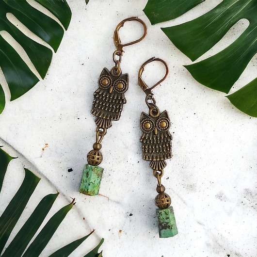 kolczyki z kamieniami Kolczyki SOWY - turkus afrykański i antyczne złoty : długie