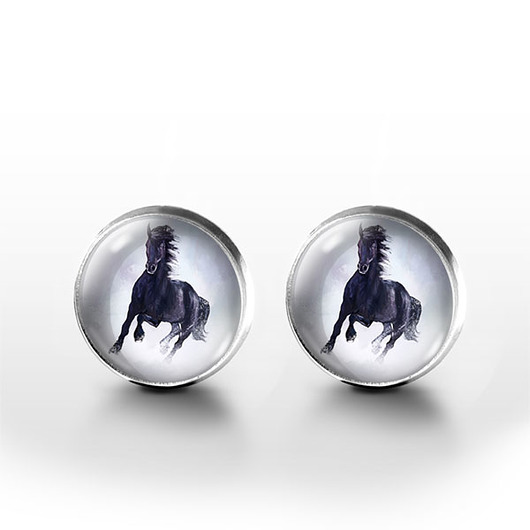 kolczyki szklane Kolczyki sztyfty - Czarny koń - grafika