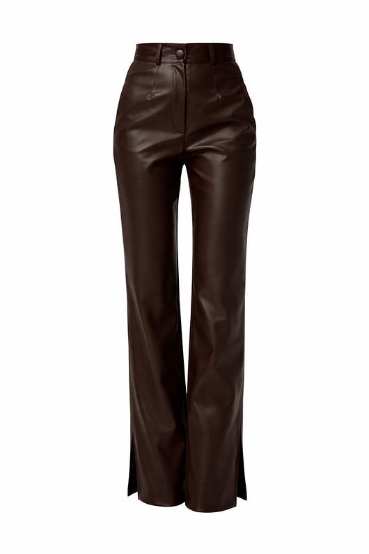 spodnie materiałowe damskie Spodnie damskie z eko-skóry Brązowy Szyk