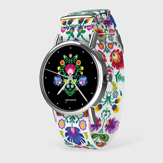 zegarki damskie Zegarek - Folkowy czarny - folk biały, nato