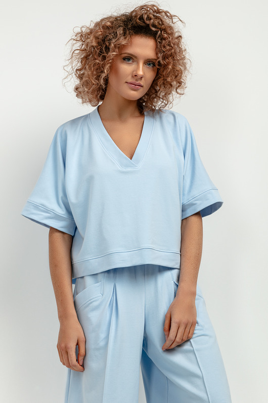 bluzki kimonowe damskie Bluza kimono z dekoltem V, T416, jasnoniebieski
