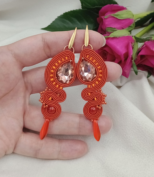 kolczyki soutache Długie kolczyki soutache na wesele, pomarańczowe kolczyki