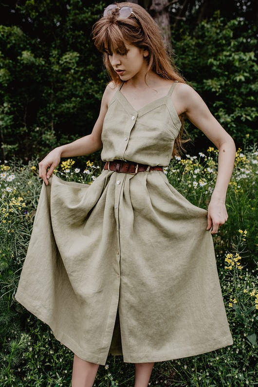 sukienki midi damskie Lniana sukienka na cienkich ramiączkach, zielona