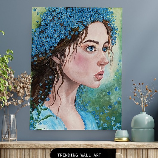 obrazy "Dziewczyna w niezapominajkach" 50x70 obraz strukturalny na płótnie