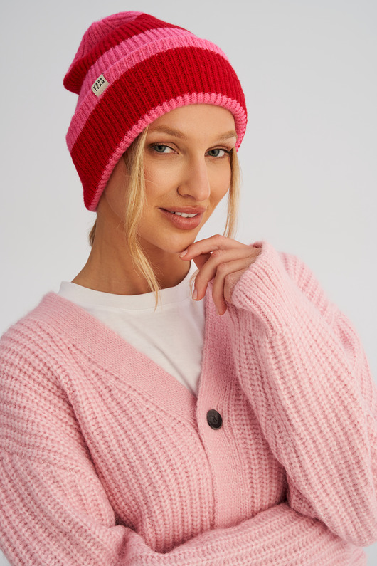 czapki damskie Czapka zimowa w paski różowo - czerwona