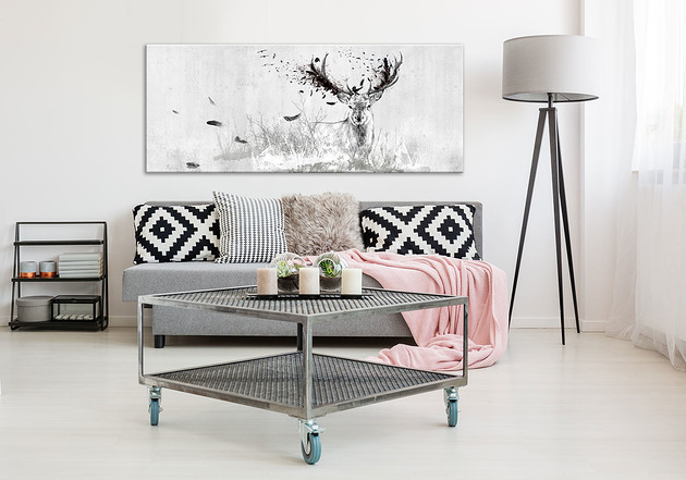 grafiki i ilustracje Grafika na płótnie Jeleń -piórka - 150x60cm