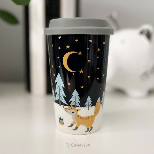 kubki Kubek porcelanowy z pokrywką silikonową złoty lisek 400ml - elegancki prezent