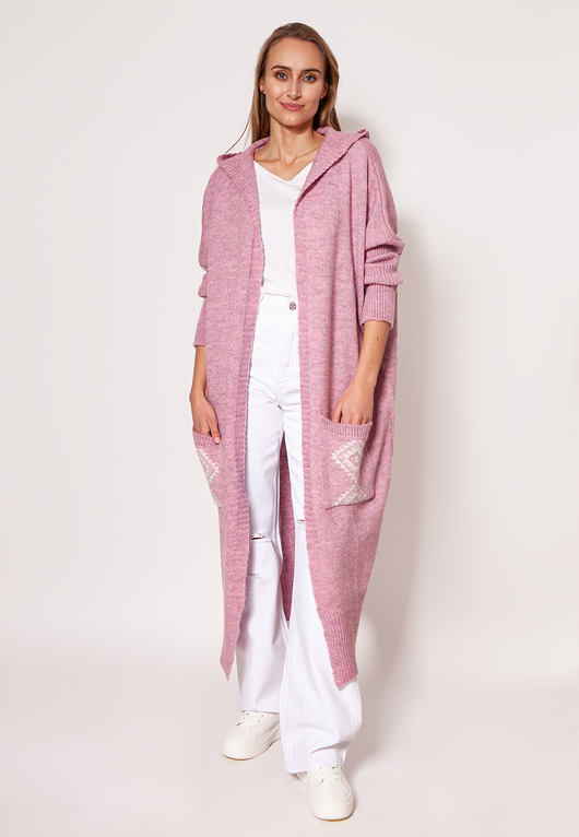 płaszcze damskie Dzianinowy płaszcz z kapturem - PA020 róż MKM