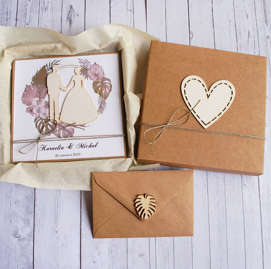 zaproszenia i kartki na ślub Kartka w pudełku : personalizacja - monstera boho