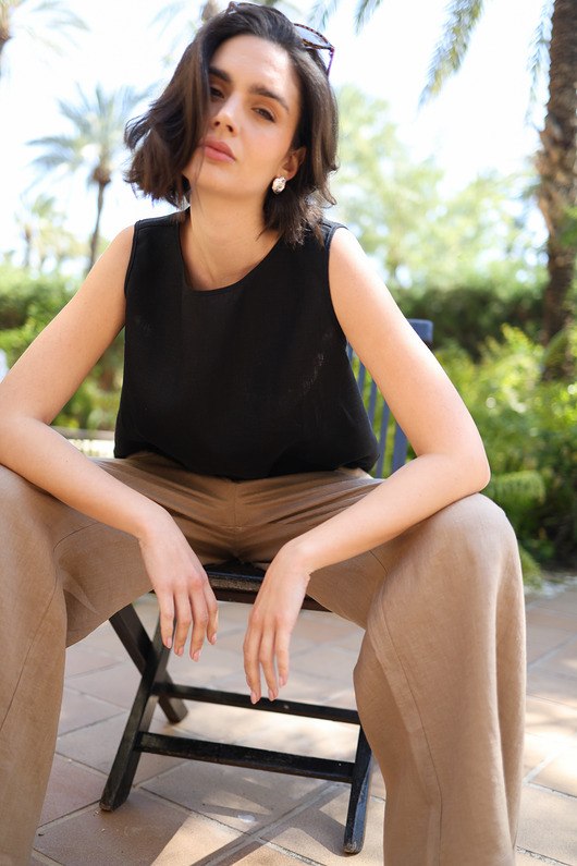 topy damskie Top lniany Pure czarny