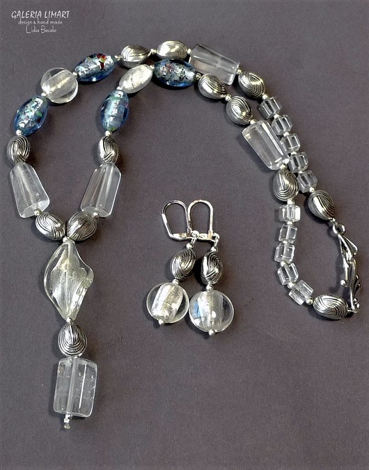 Biżuteria ślubna Komplet ślubny z kryształu górskiego i szkła weneckiego unikat handmade