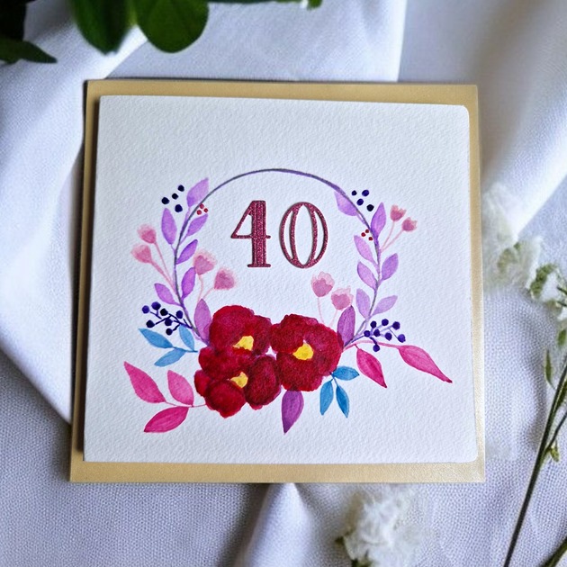 grafiki i ilustracje Ręcznie malowana kartka akwarelami 40 urodziny, imieniny, rocznica