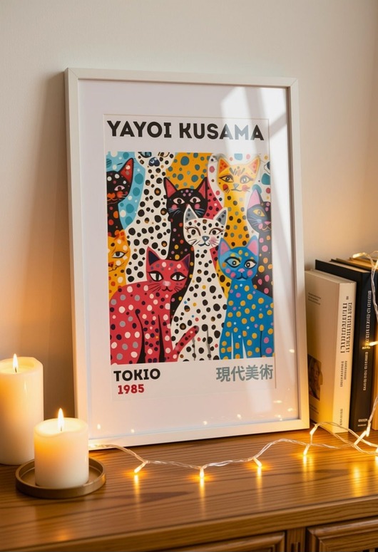 plakaty PLAKAT dekoracyjny czarne koty kropki abstrakcyjny Yayoi Kusama, poster