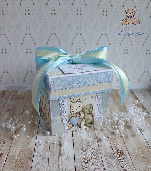 Exploding box na chrzest Miś i klocki GOTOWY Lulaczkowo