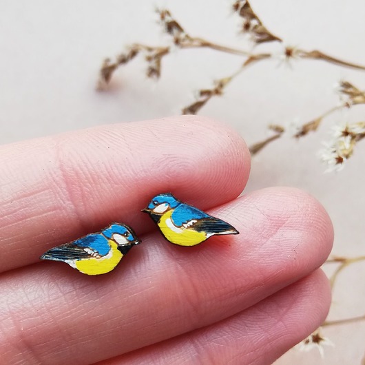 kolczyki drewniane Sikorki modre