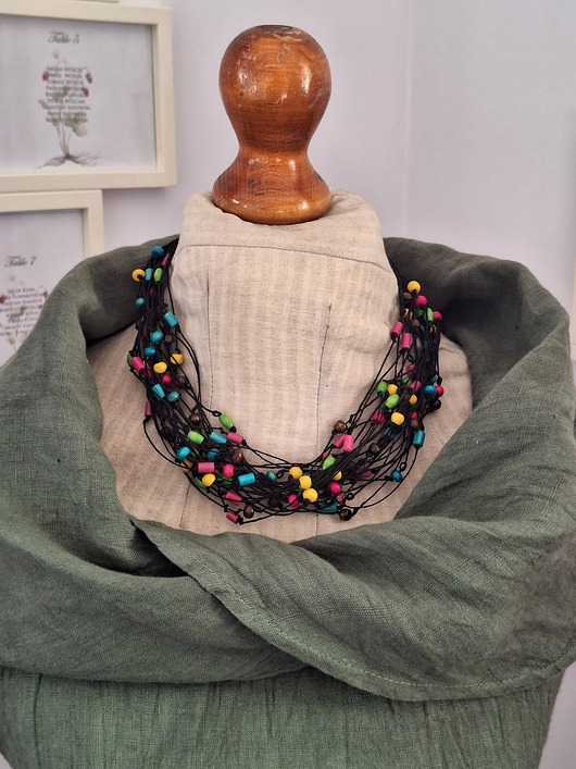 korale Naszyjnik lniany z kolorowym drewnem.Energetyczny