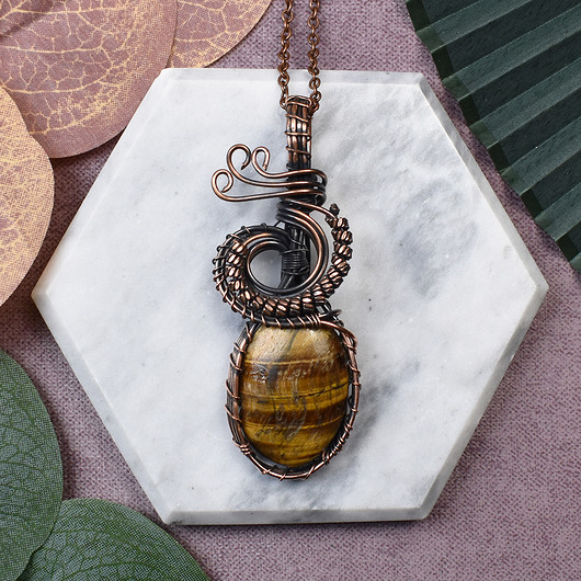 wisiory Miedziany wisiorek wire wrapping z tygrysim okiem #243