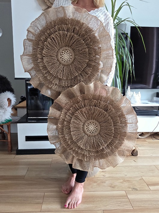 Ozdoby na ścianę Rozeta juta, okrągła dekoracja, makrama, japandi, boho