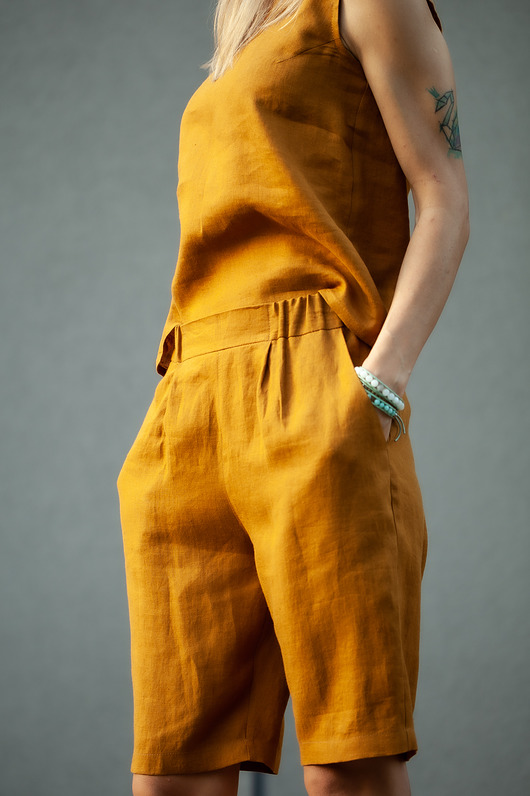 szorty damskie Bermudy Lniane cynamon