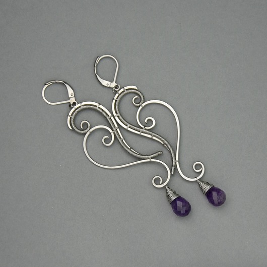 kolczyki wire wrapping Długie kolczyki z ametystami wire wrapping ametyst