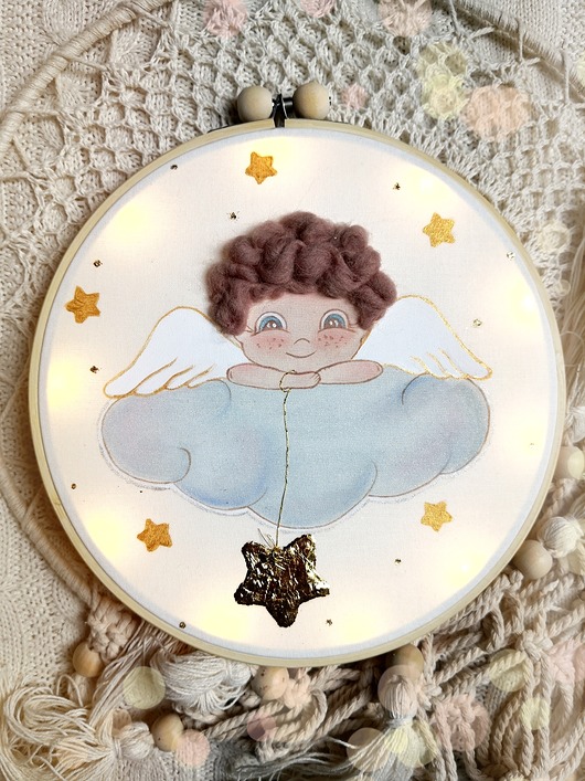 kartki, zaproszenia na chrzest Anioł Stróż na chmurce, obrazek z lampkami led