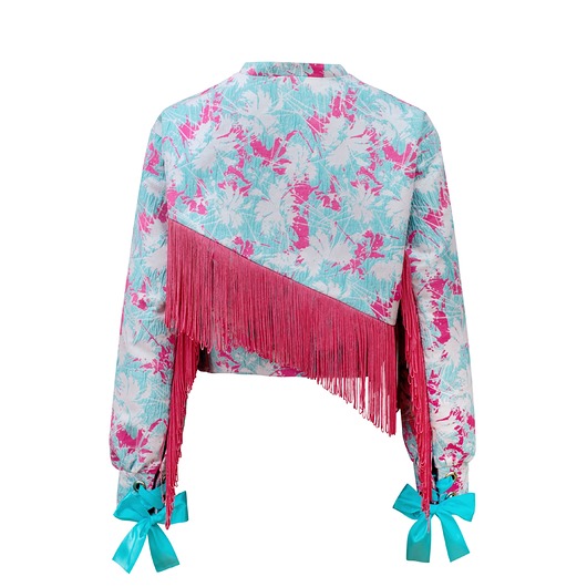 kurtki damskie Krótka kurtka w kwiaty z frędzlami CROP PINK