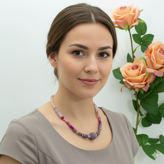 korale Duży naszyjnik, fuksja, różowy, fioletowy, agat, jaspis, opal, srebro 925