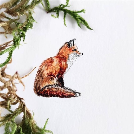 obrazy Malutki lis, ręcznie malowana miniatura akwarela
