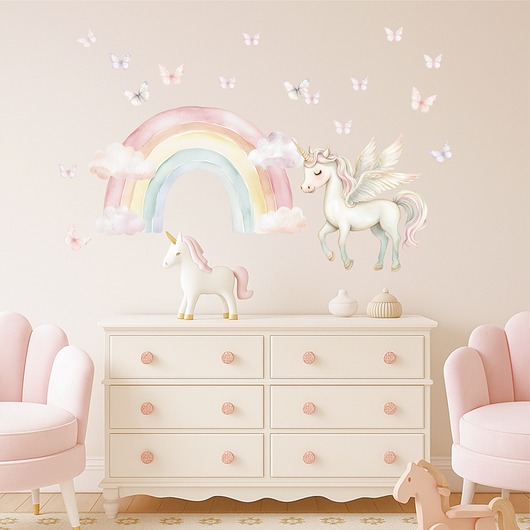 naklejki ścienne do pokoju dziecka Naklejka ścienna Tęcza, Jednorożec i Motylki A253