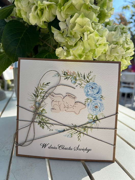 kartki, zaproszenia na chrzest Wyjątkowa kartka ręcznie robiona na chrzest święty dla chłopca