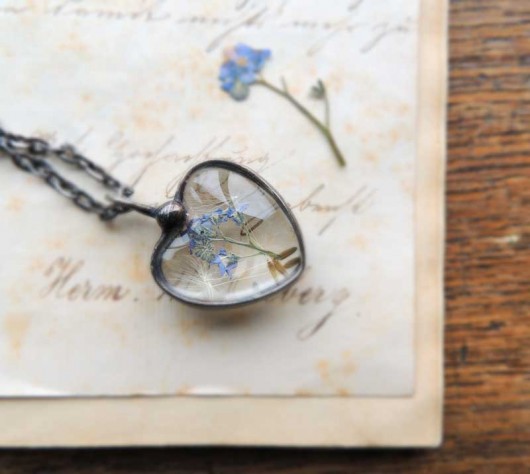 srebrne naszyjniki mini terrarium niezapominajka i dmuchawserduszko