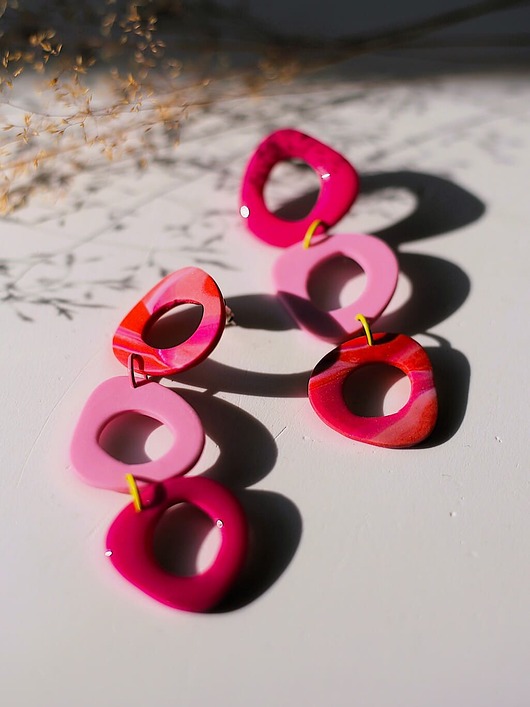 kolczyki z masy plastycznej Długie kolczyki ORGANIC TRIO różowe