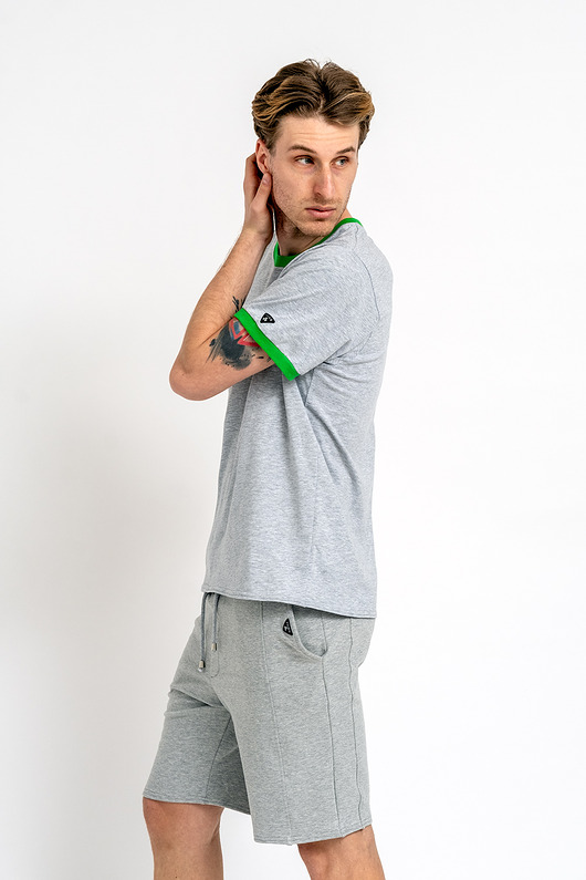 t-shirty męskie T-shirt męski gładki   z zielonym  ściągaczem "BENJAMIN" szary