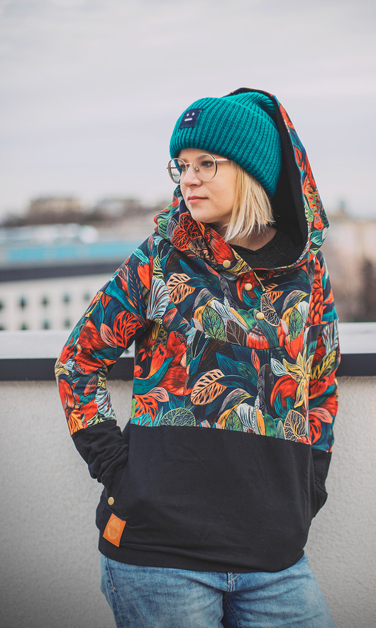 bluza z kapturem damska OVERSIZE bluza, patchwork, tajemniczy ogród