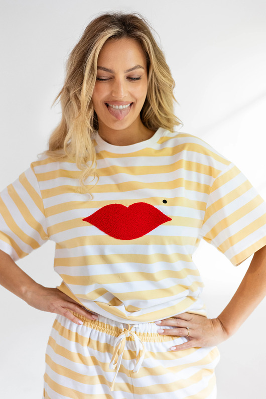 t-shirt damskie Bluzka Joy Usta Szerokie Paski Banan