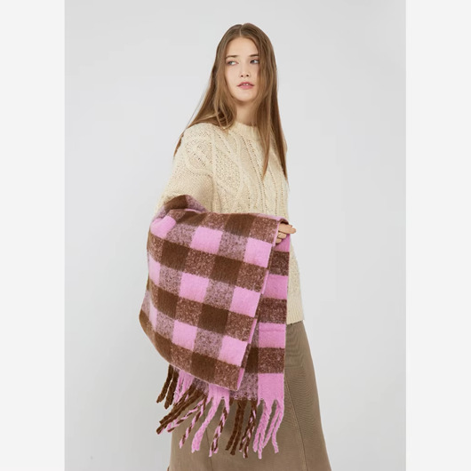 szale damskie Szalik Damski ciepły GRUBY zimowy różowy modny W PASKI