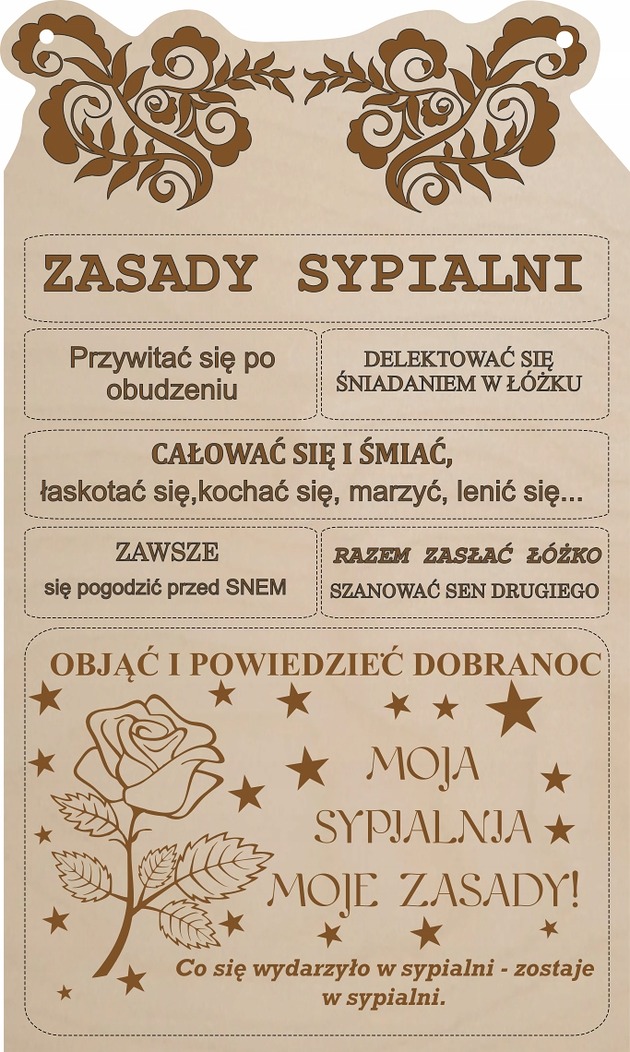 Ozdoby na ścianę Tabliczka drewniana z grawerem ZASADY SYPIALNI