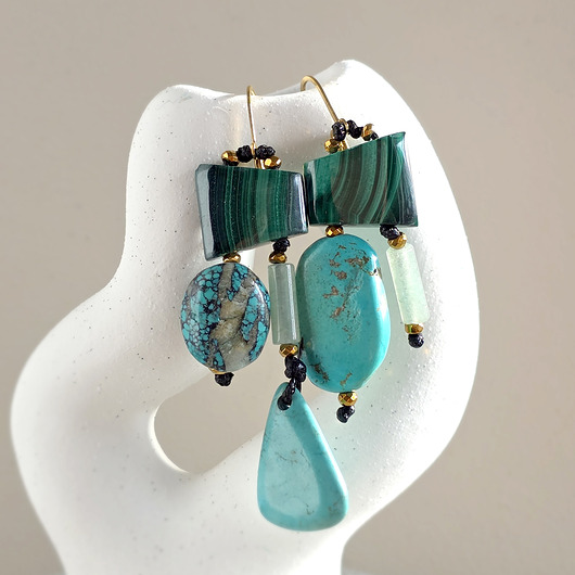 kolczyki z kamieniami Kolczyki wiszące UNIKAT turkus, malachit, awenturyn, hematyt