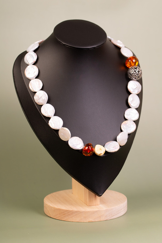 naszyjniki - inne Naszyjnik z pereł z bursztynami