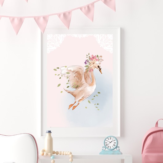 obrazy i plakaty do pokoju dziecięcego Plakat dla dzieci Łabędź Różowe Tło LA2.3